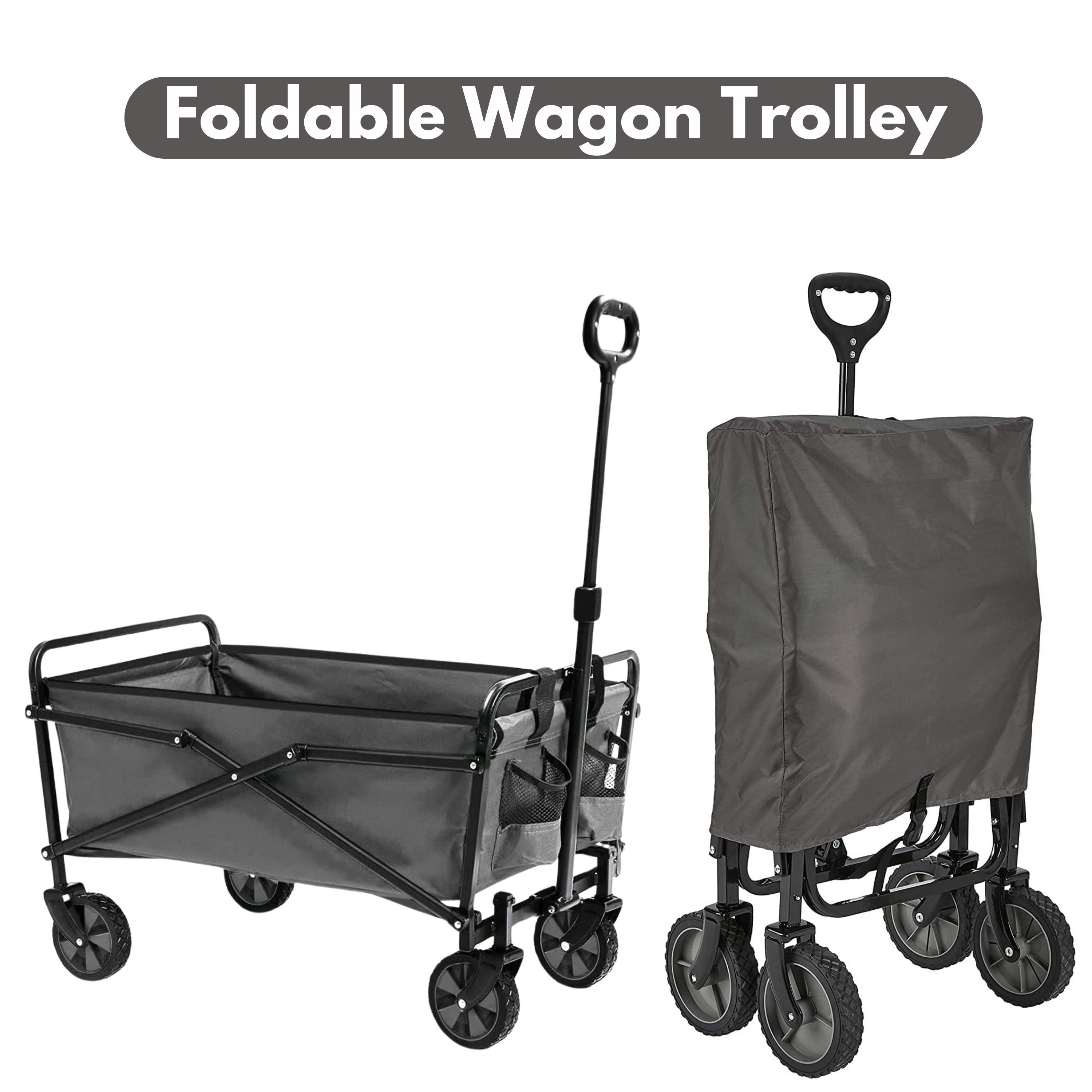 Large Shopping Trolley On Wheels Foldable with Cover Bag Wheels & Adjustable Handle, Heavy Duty Folding Wagon & Portable, Storage Trolley Cart Wagon for Sports, Shopping, Camping