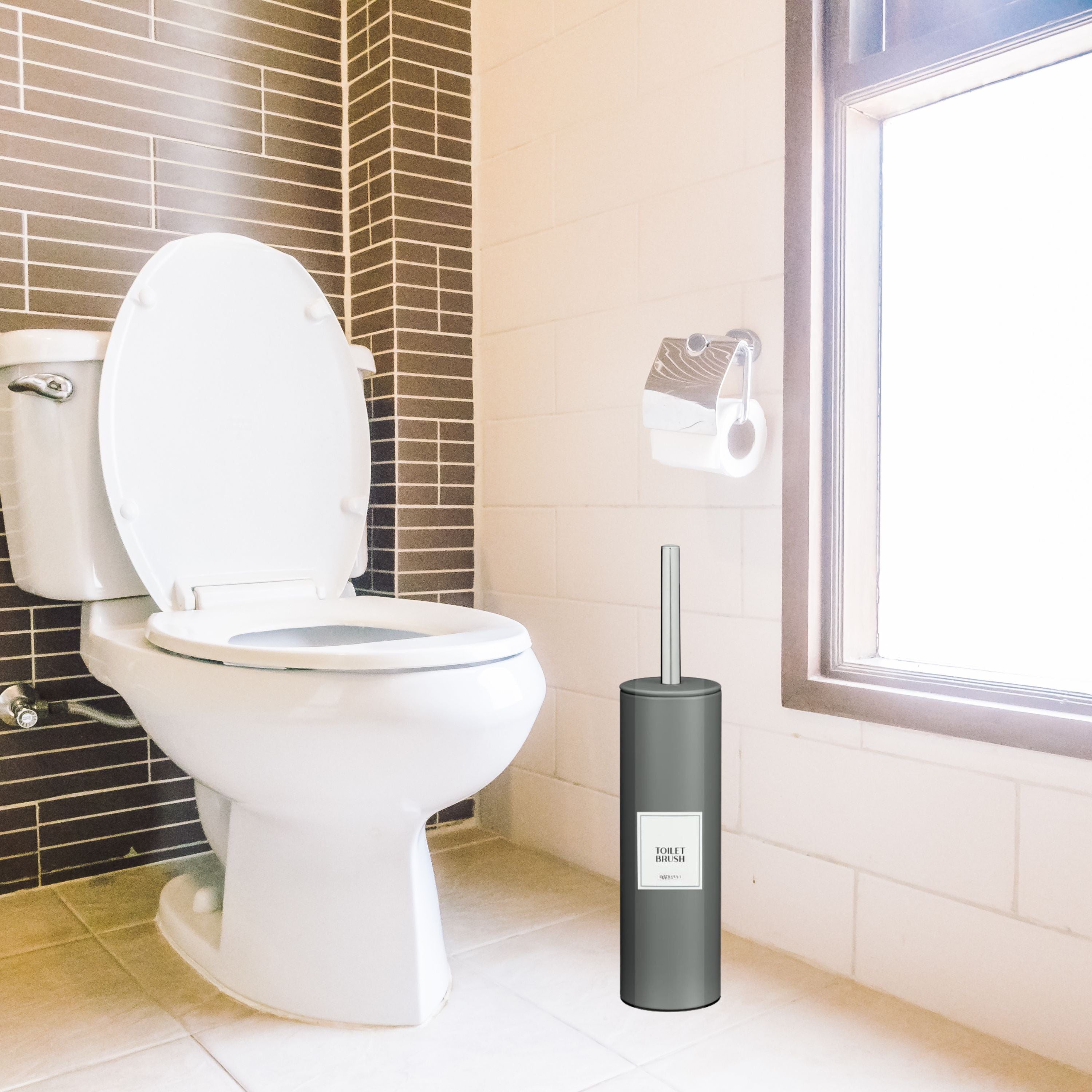 Stainless Steel Toilet Brush with Holder, Round Stainless Steel Bathroom Deep Cleaning Scrub Toilet Brush & Holder Set, Attached Lid Toilet Cleaner Brush