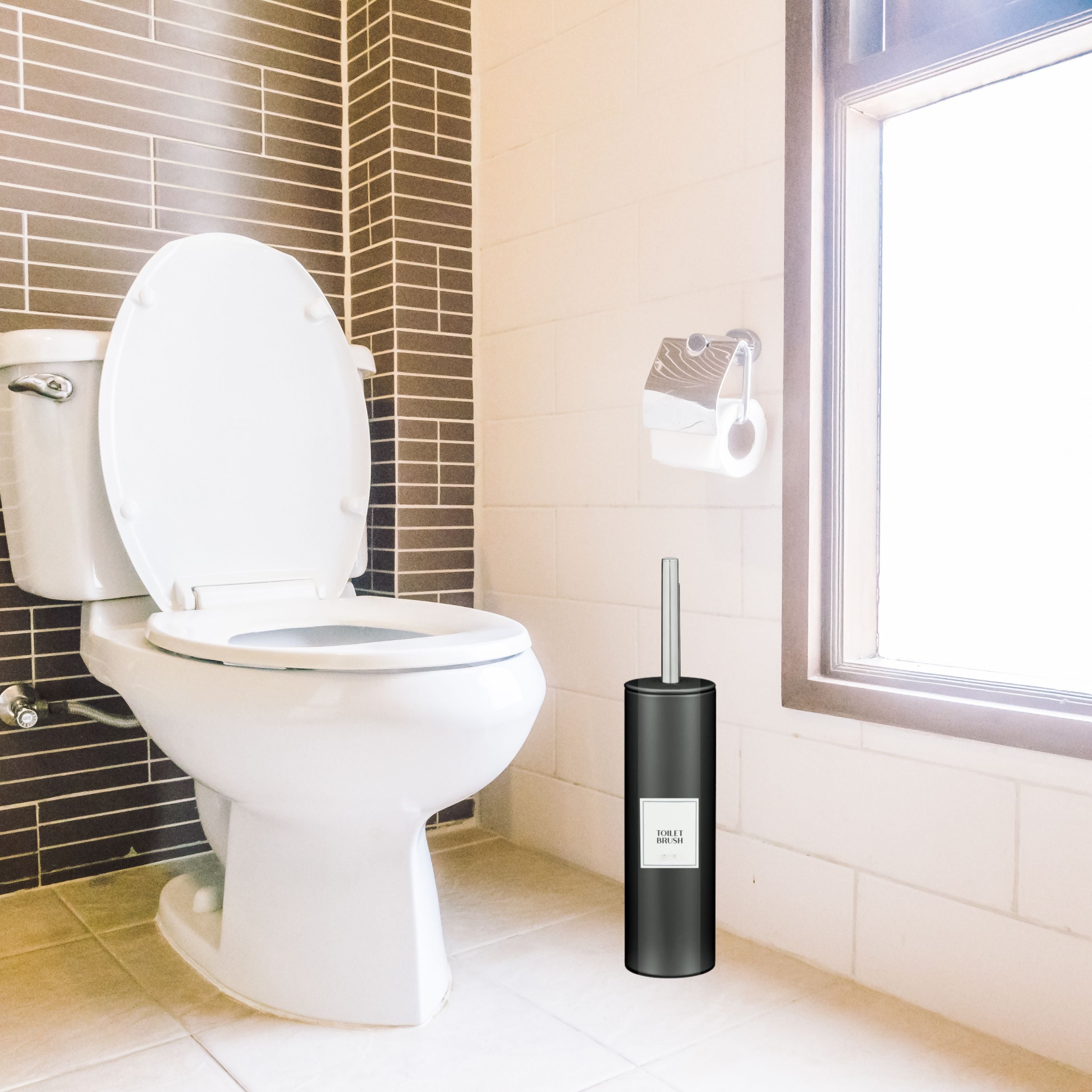 Stainless Steel Toilet Brush with Holder, Round Stainless Steel Bathroom Deep Cleaning Scrub Toilet Brush & Holder Set, Attached Lid Toilet Cleaner Brush