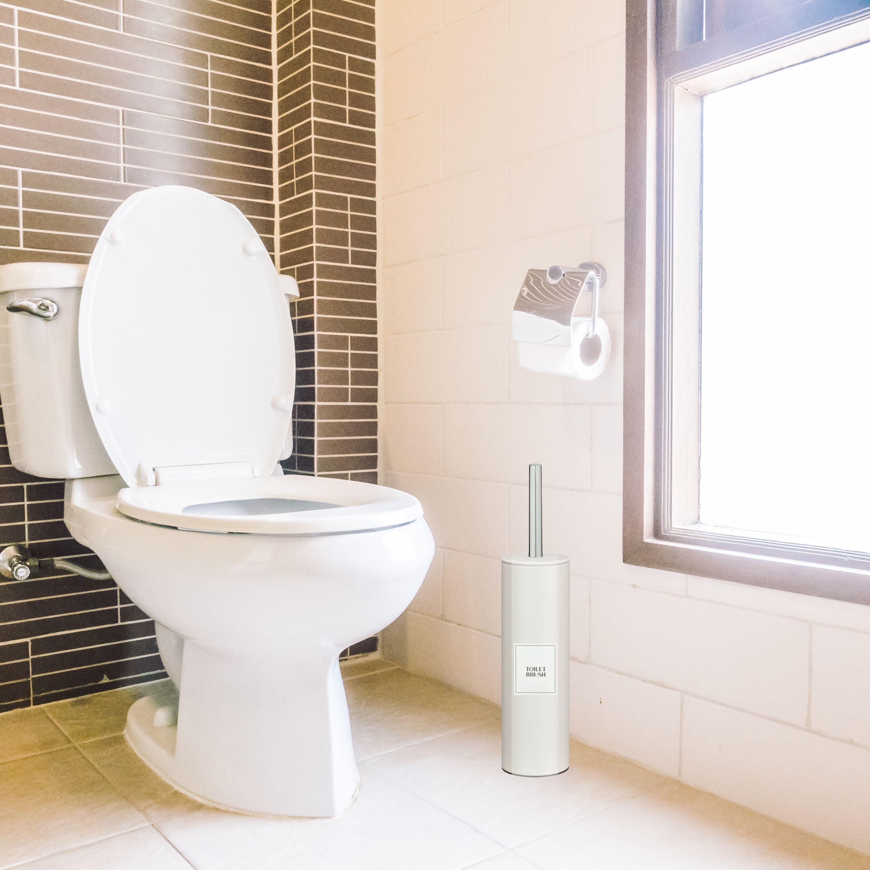 Stainless Steel Toilet Brush with Holder, Round Stainless Steel Bathroom Deep Cleaning Scrub Toilet Brush & Holder Set, Attached Lid Toilet Cleaner Brush