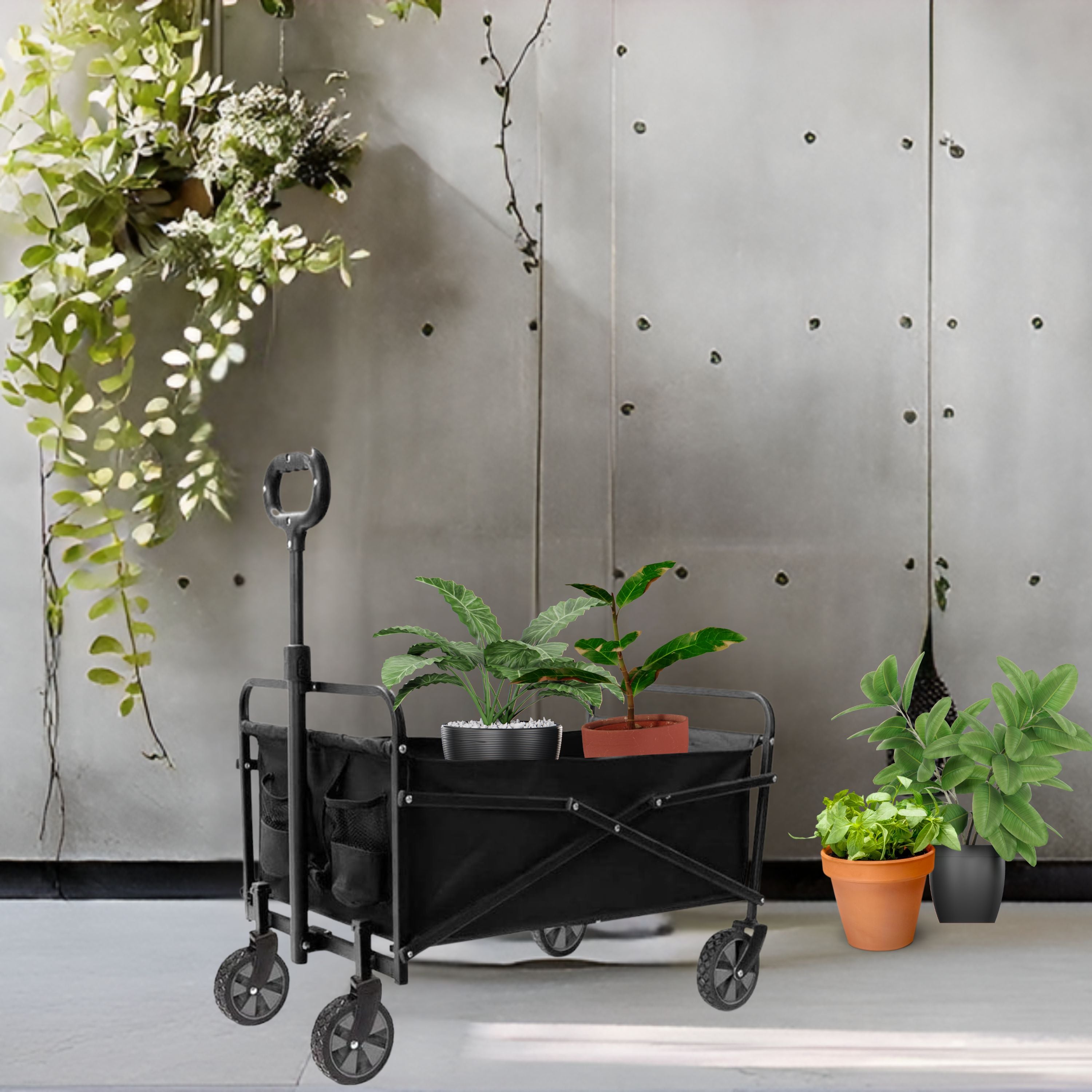 Large Shopping Trolley On Wheels Foldable with Cover Bag Wheels & Adjustable Handle, Heavy Duty Folding Wagon & Portable, Storage Trolley Cart Wagon for Sports, Shopping, Camping